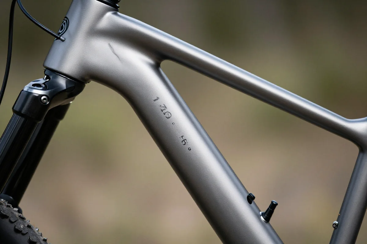 Zbliżenie na zwężaną główkę ramy roweru górskiego, ukazujące szczegóły konstrukcyjne.