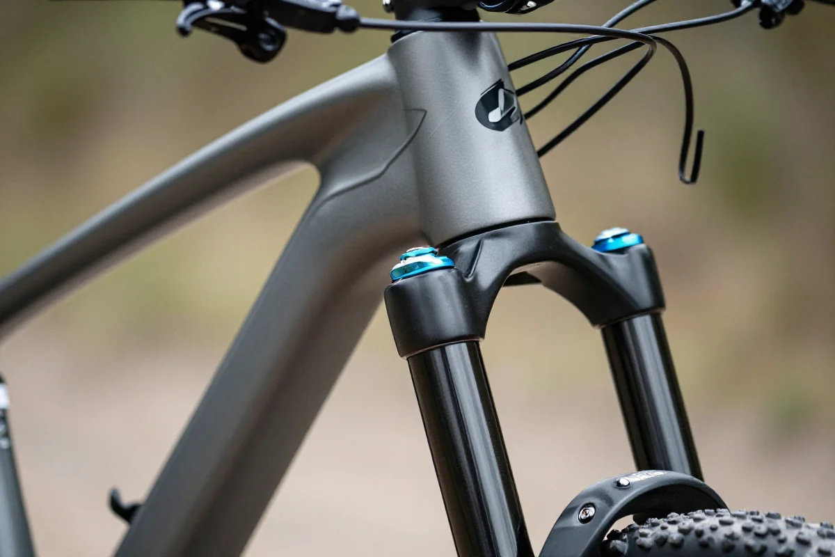 Zbliżenie na stożkową rurę sterową w widelcu rowerowym MTB.