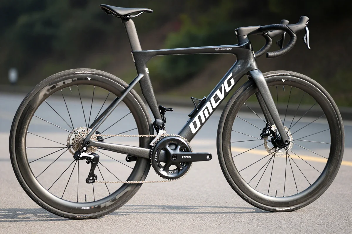Nowoczesny rower szosowy z lekką ramą i zaawansowanym systemem biegów.