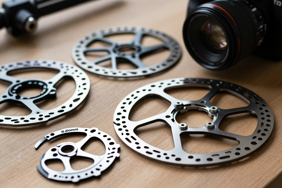 Różne tarcze hamulcowe MTB na drewnianej powierzchni, 160mm i 180mm.