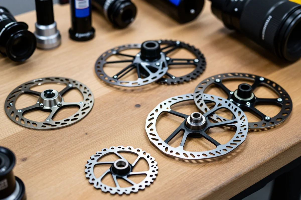 Zbliżenie na różne tarcze hamulcowe MTB o różnych rozmiarach i materiałach.