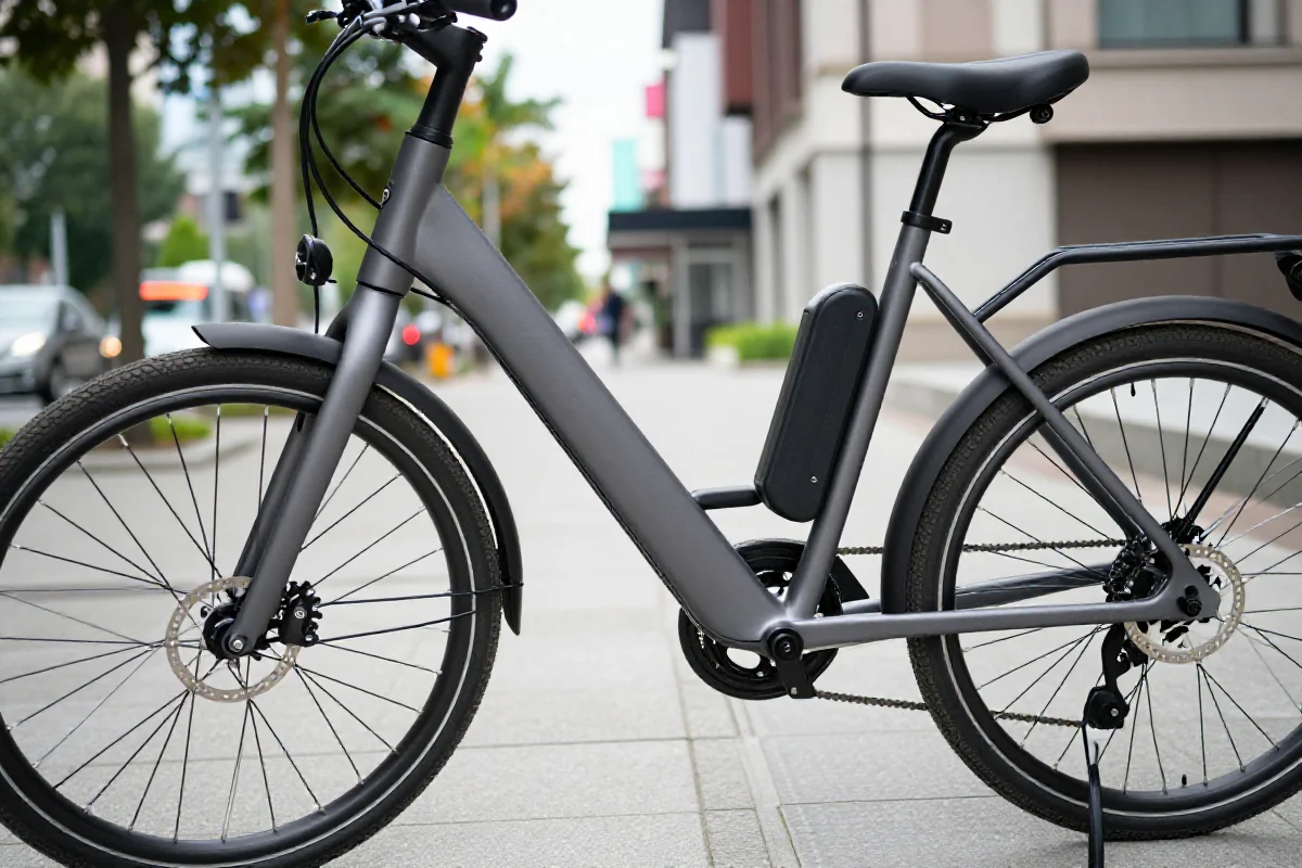 Zbliżenie na rower elektryczny na chodniku w mieście