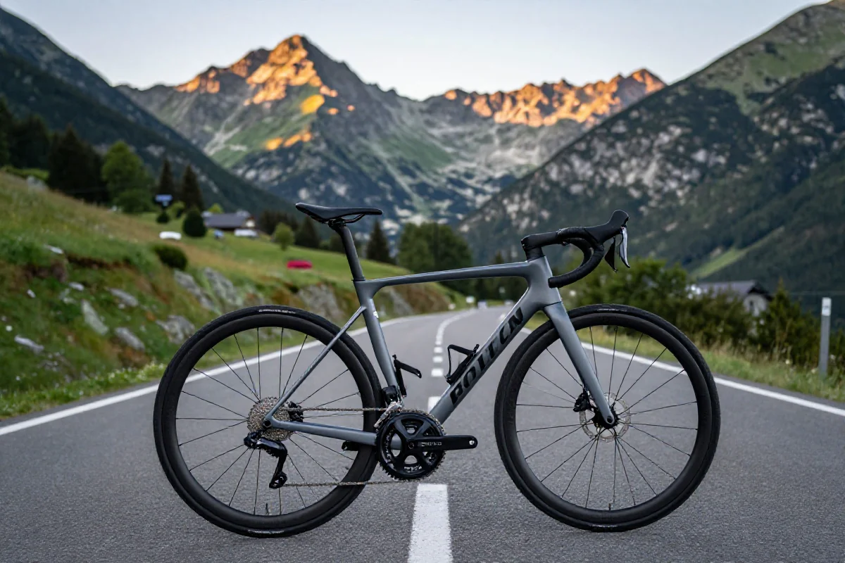 Wysokiej jakości rower szosowy na drodze w Tatrach, piękne górskie widoki.