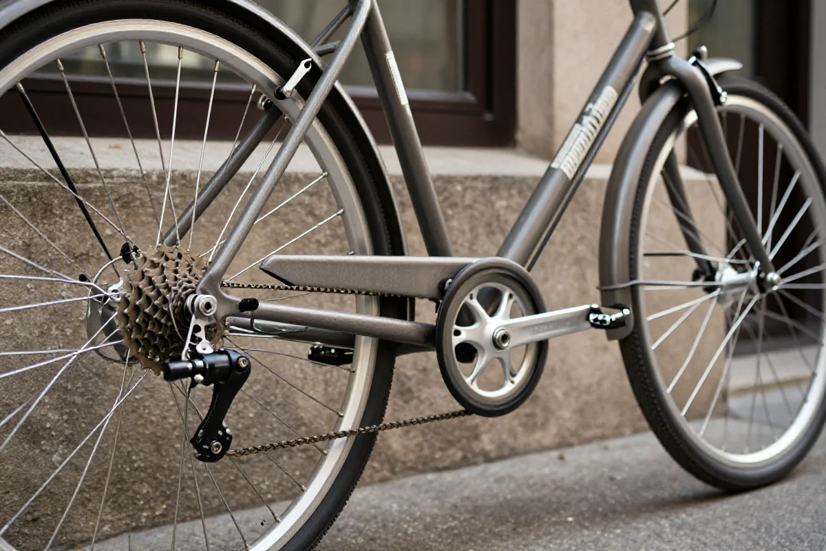 Szczegółowy widok klasycznego roweru miejskiego z widocznymi komponentami.