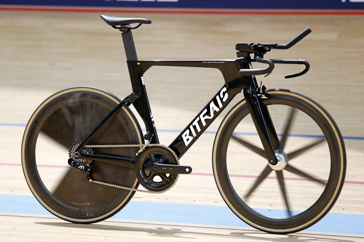 Rower torowy do wyścigu drużynowego, z aerodynamiką i precyzyjnymi detalami.