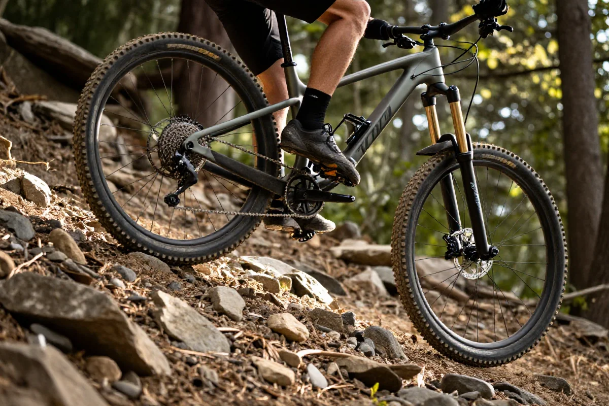 Rower górski na stromej, kamienistej trasie, idealny do technicznych podjazdów.