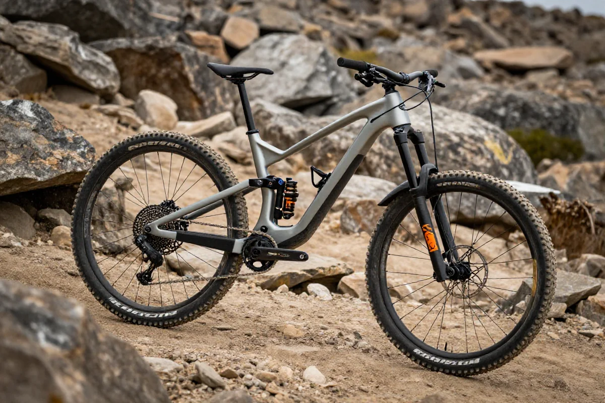 Rower górski na trudnym terenie, eksponujący technikę lądowania po drops.