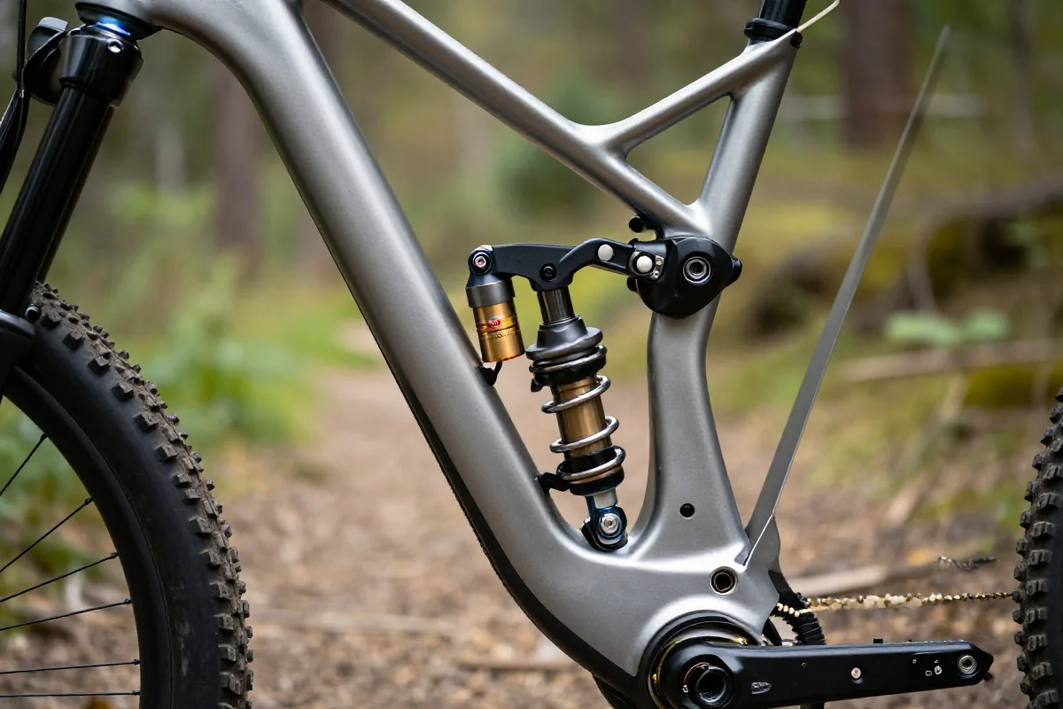 Zbliżenie na ramę roweru górskiego i system zawieszenia w lesie.