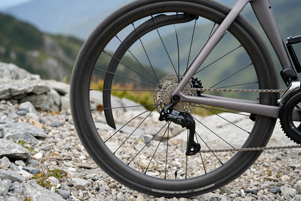 Nowoczesny rower szosowy na górskiej trasie, skupienie na hamulcach tarczowych.