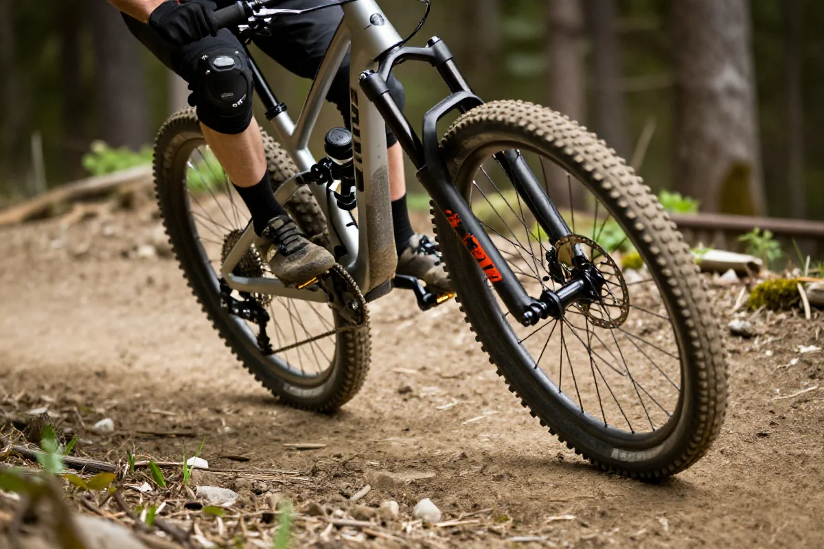 Rower górski pokonujący płaski zakręt na ścieżce w lesie.