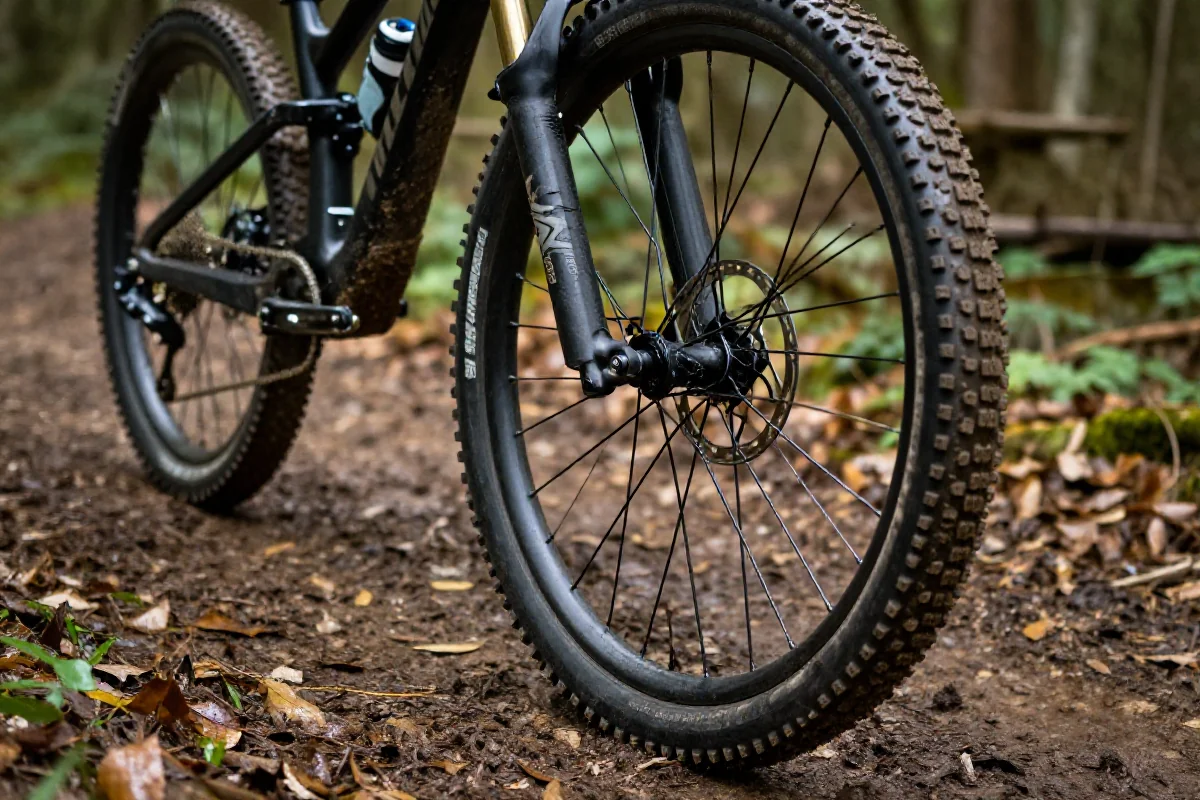 Rower górski na błotnistej trasie, z wyraźnym bieżnikiem opony.