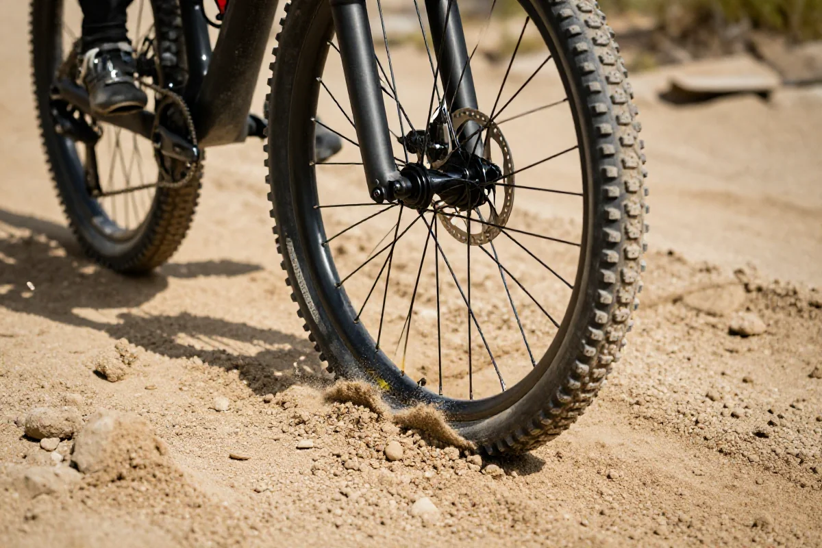 Rower górski w głębokim piasku, pokazujący oponę i trudne warunki jazdy.