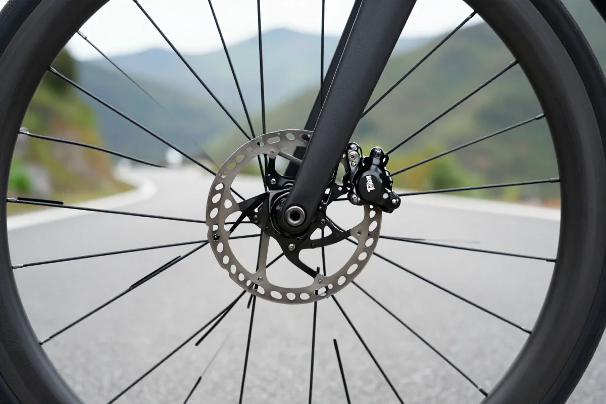 Zbliżenie na system hamulcowy roweru szosowego na krętej drodze górskiej.