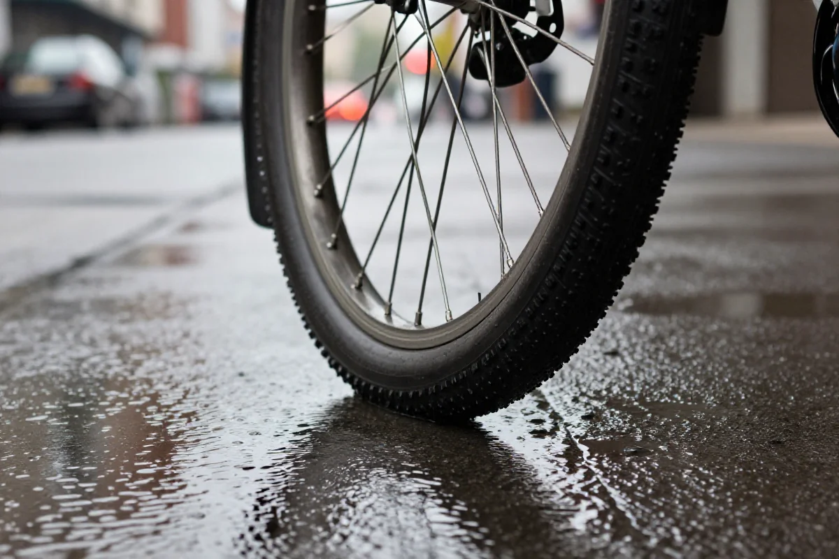 Opona rowerowa na mokrej nawierzchni, ukazująca technikę jazdy w deszczu.