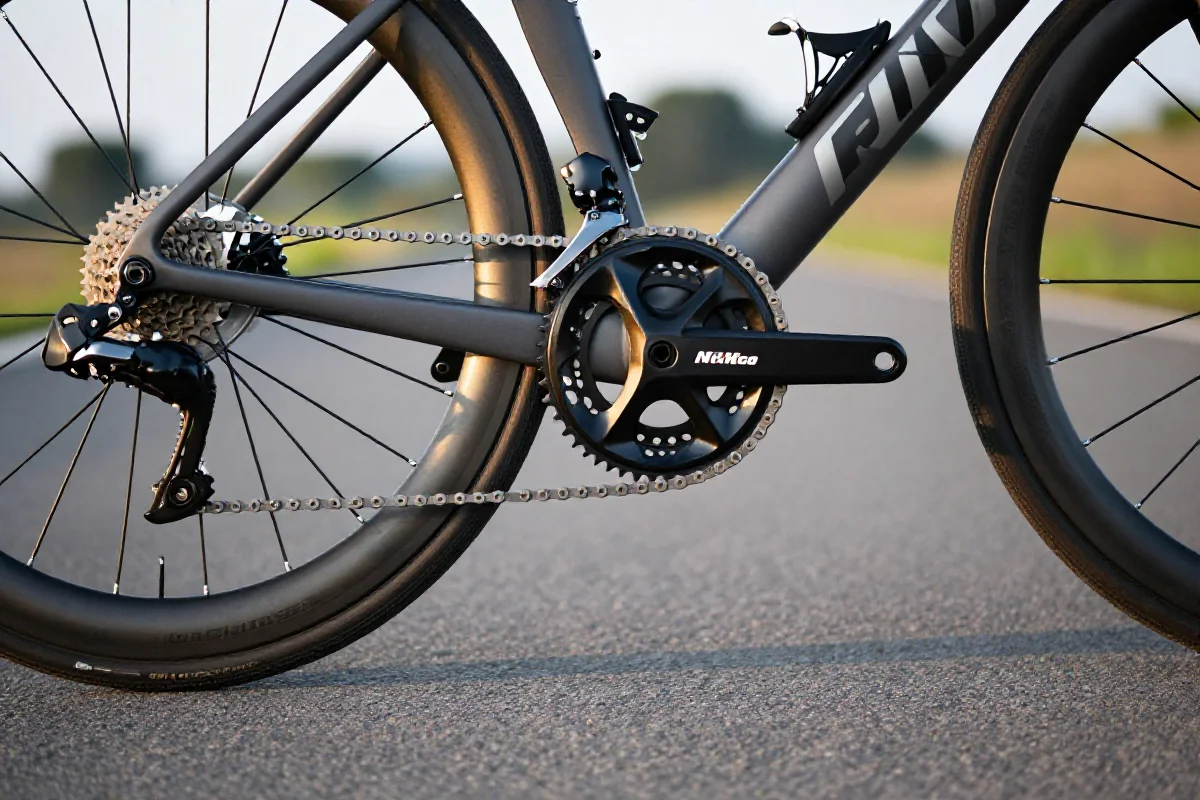 Zbliżenie na napęd roweru szosowego, szczegóły mechanizmu zębatek i łańcucha.