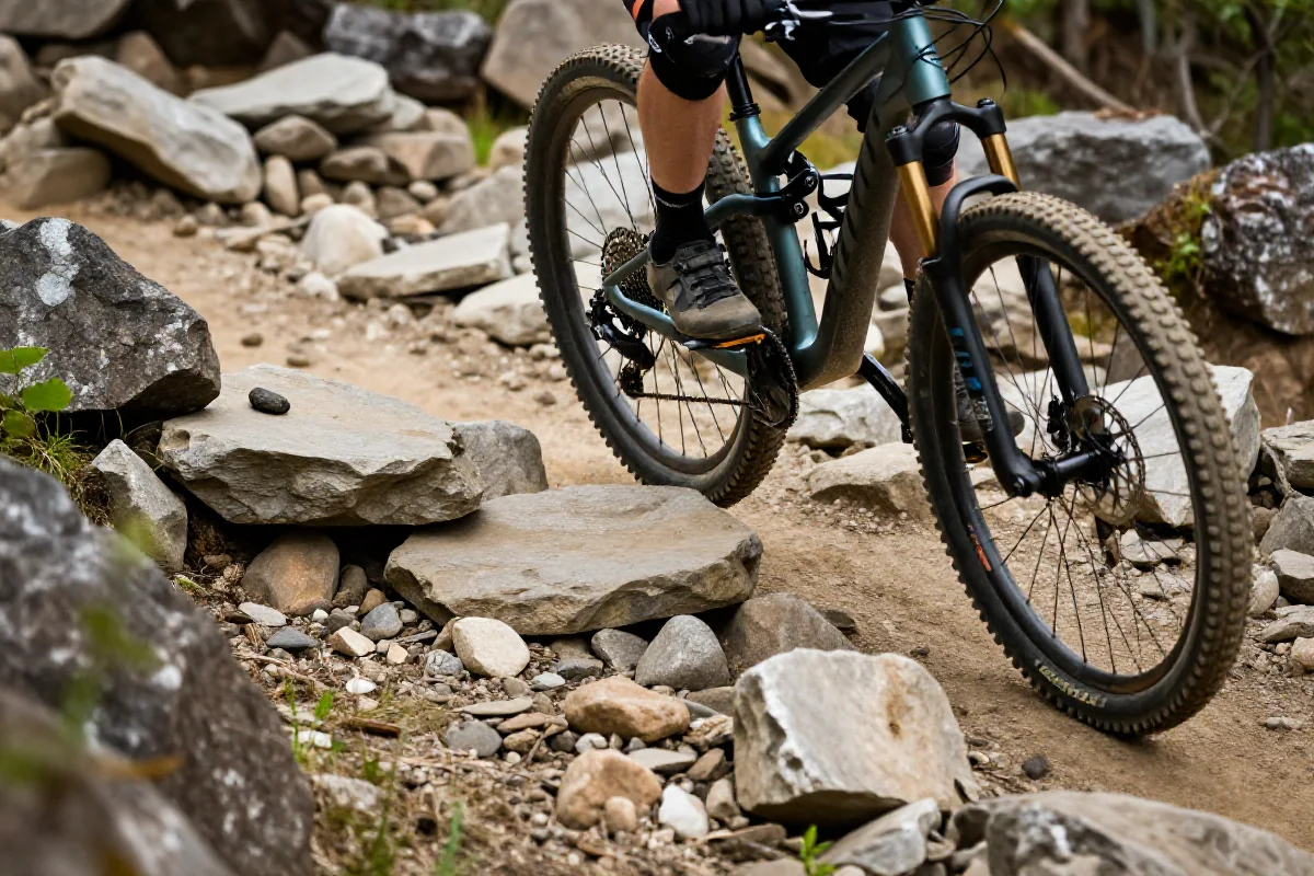Zdjęcie roweru górskiego pokonującego rock garden z luźnymi kamieniami.