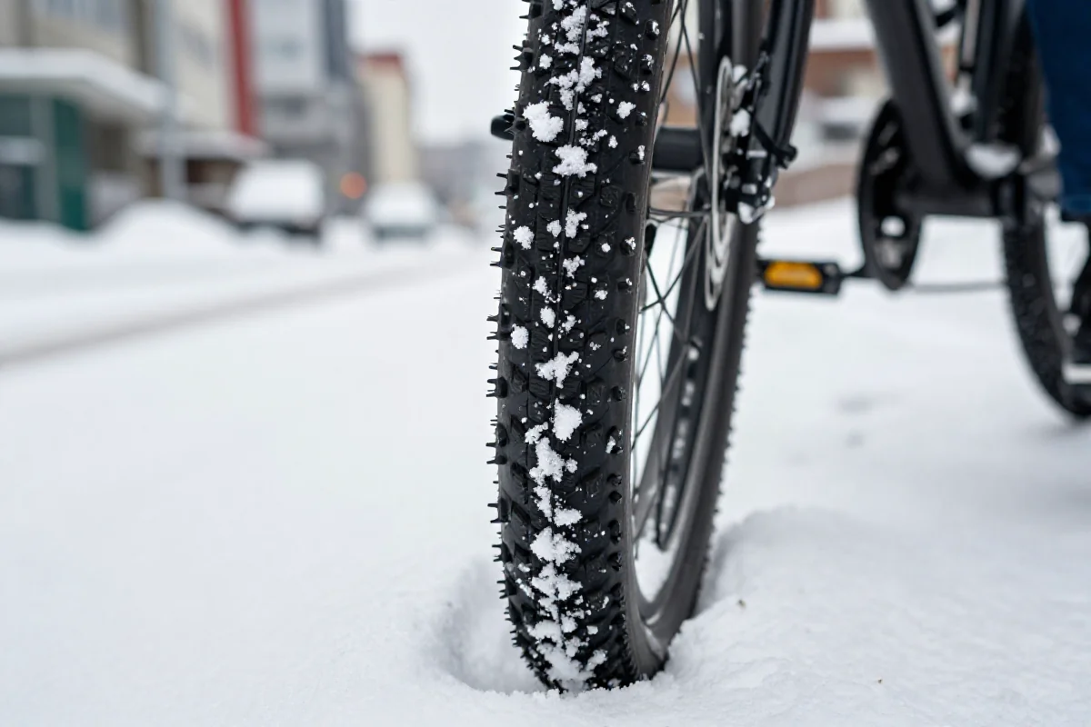 Zimowa opona rowerowa z kolcami na śniegu, idealna do jazdy zimą.