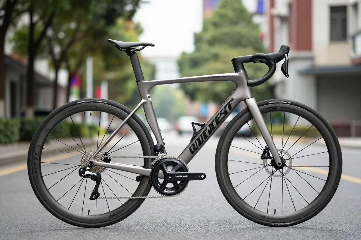 Rower szosowy w miejskim otoczeniu, ukazujący aerodynamiczny kształt i detale.