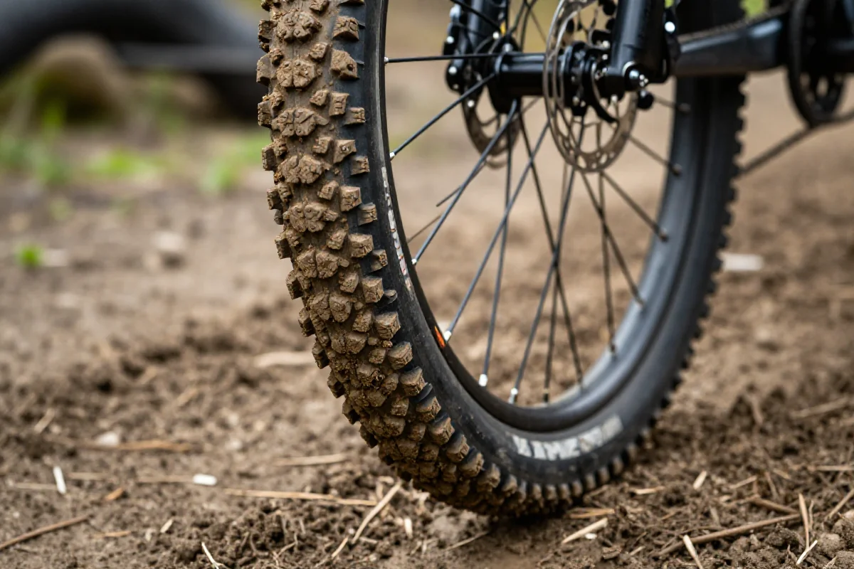 Opona roweru górskiego w błocie, idealna do jazdy w trudnych warunkach.