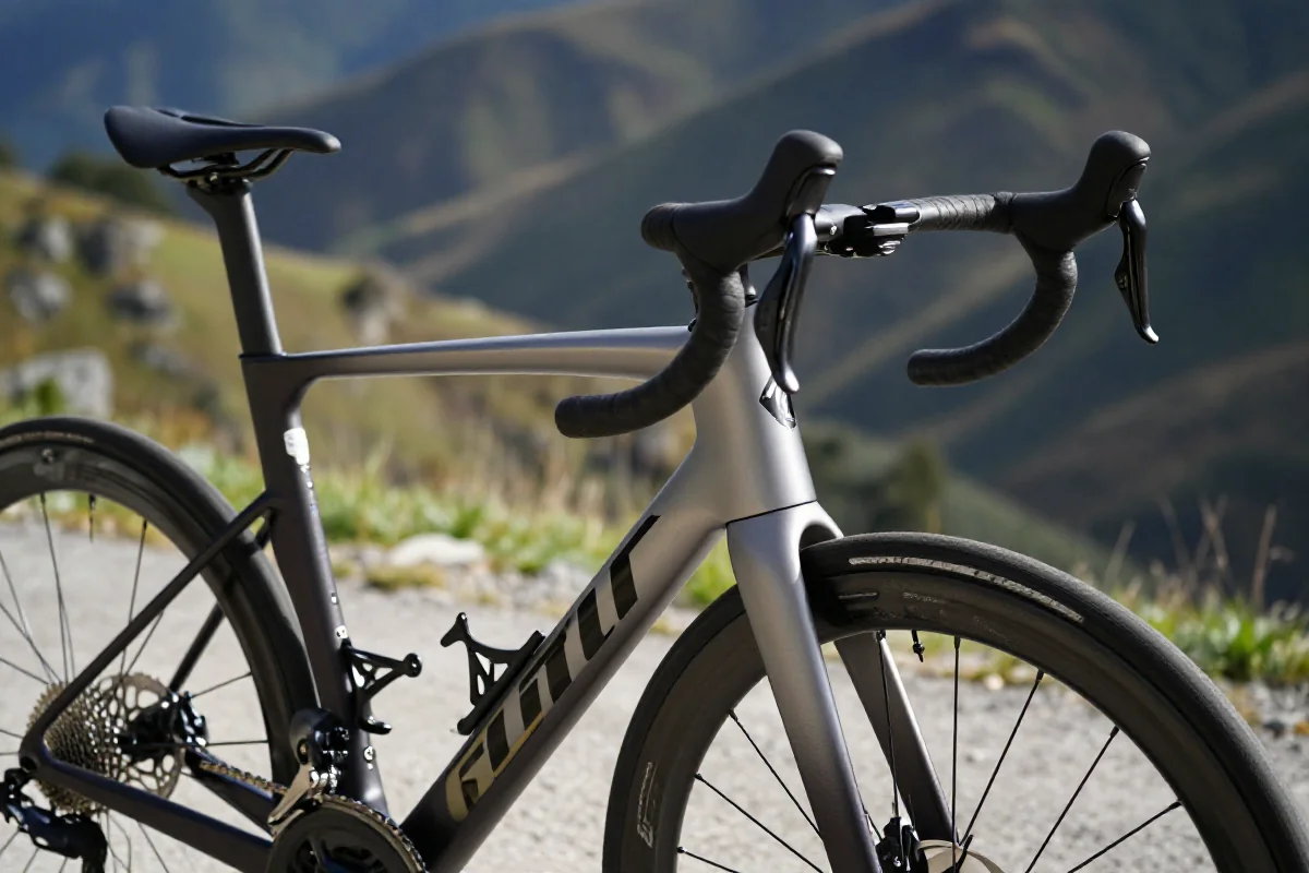 Rower szosowy na górskiej ścieżce, ukazujący technikę jazdy w górach.