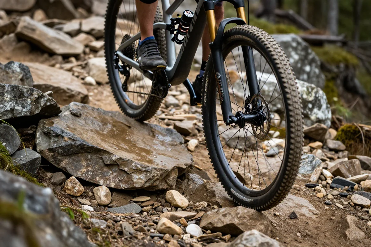 Rower górski na szlaku z luźnymi, mokrymi kamieniami