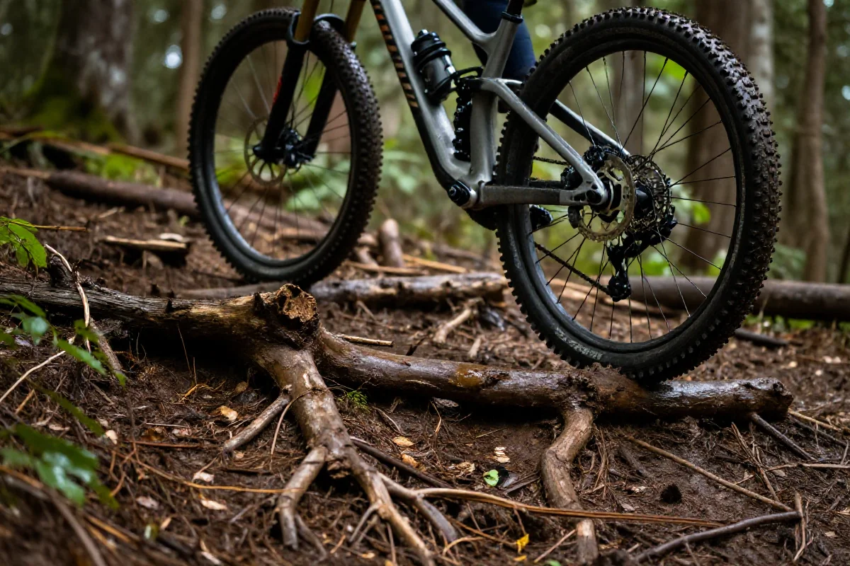 Rower górski na mokrych korzeniach w lesie, technika jazdy po korzeniach.