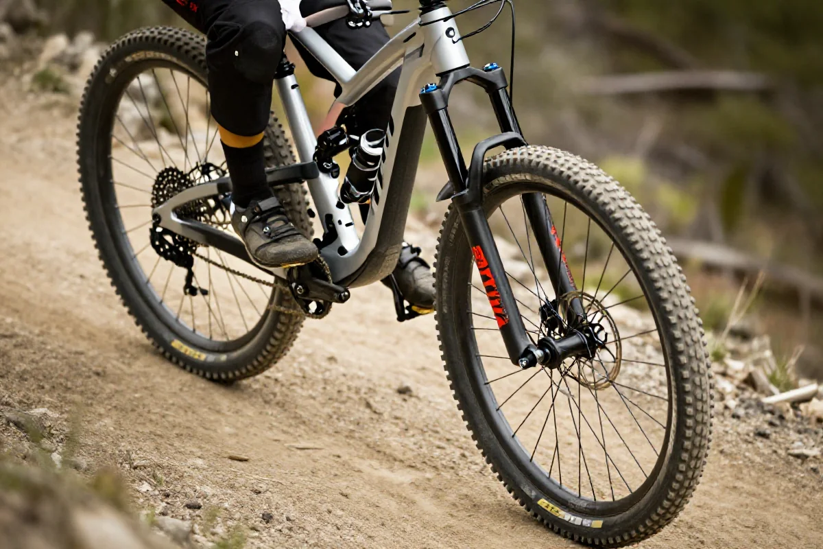 Nowoczesny rower górski na stromym gładkim zjeździe, ukazujący zawieszenie i opony.
