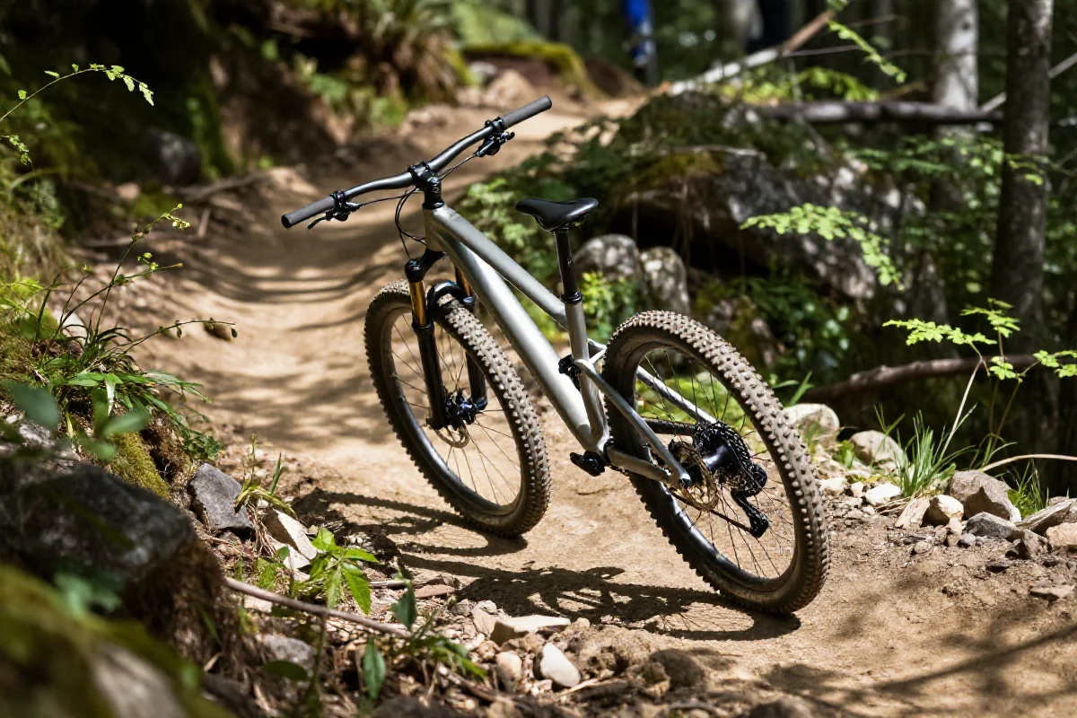 Rower górski na nachylonym szlaku off-camber w terenie MTB