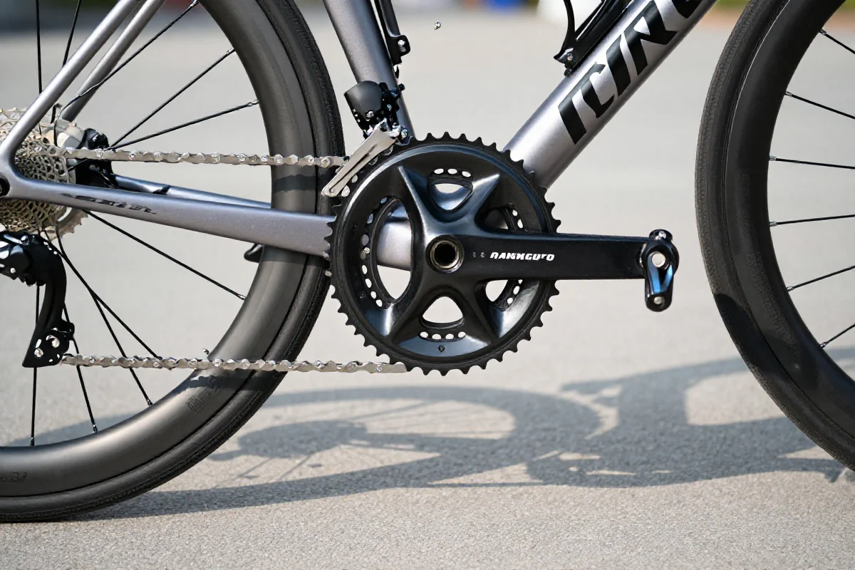 Zbliżenie na korbę i pedały roweru szosowego, ukazujące technikę pedałowania.