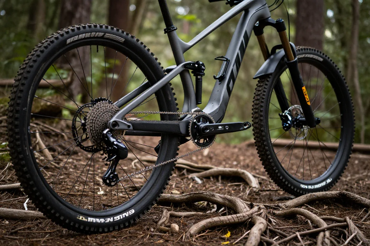 Rower elektryczny górski na trudnym terenie z korzeniami w lesie