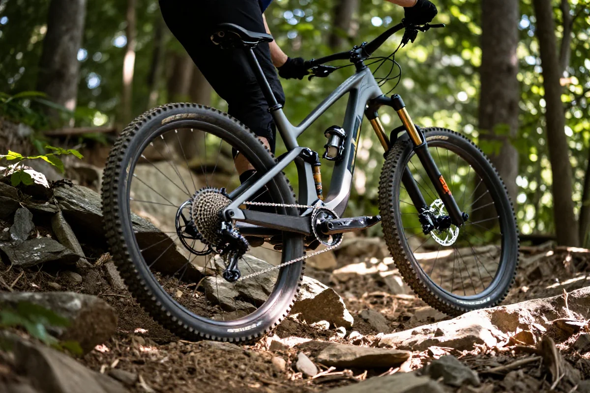 Rower górski pokonujący serpentynę na stromym szlaku w lesie.
