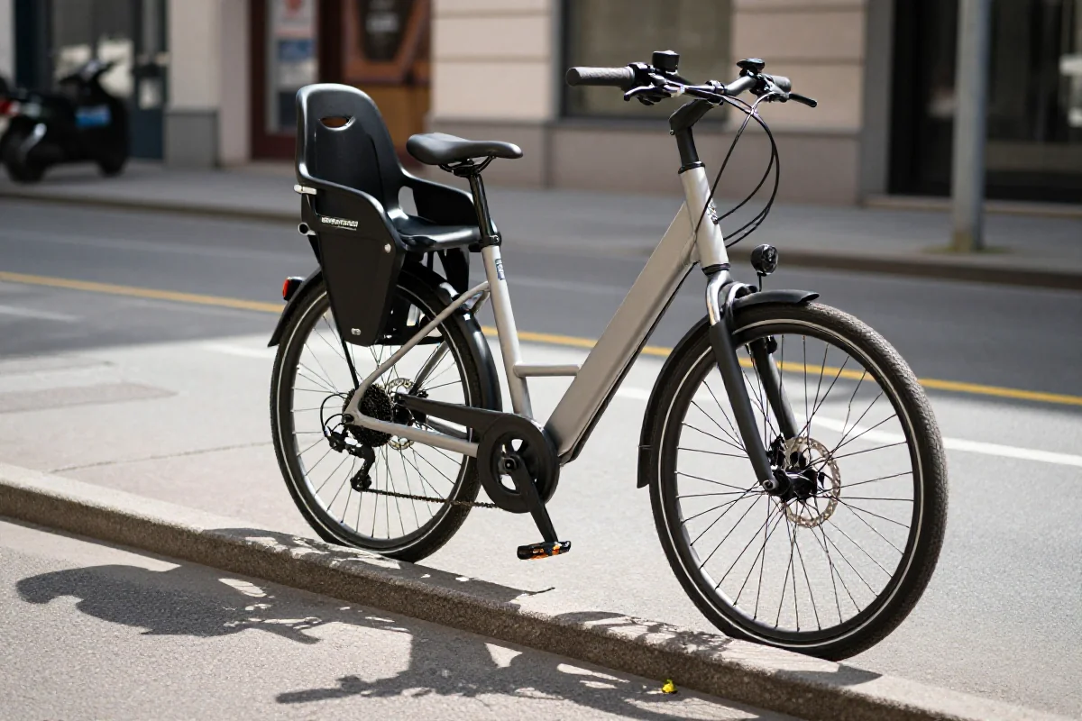 Rower elektryczny z fotelikiem dziecięcym przy krawężniku w mieście.