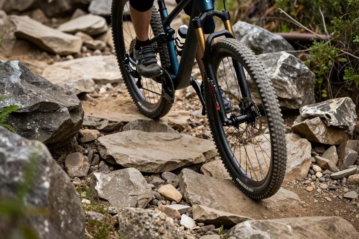 Rower górski pokonujący rock garden na kamienistej trasie MTB.