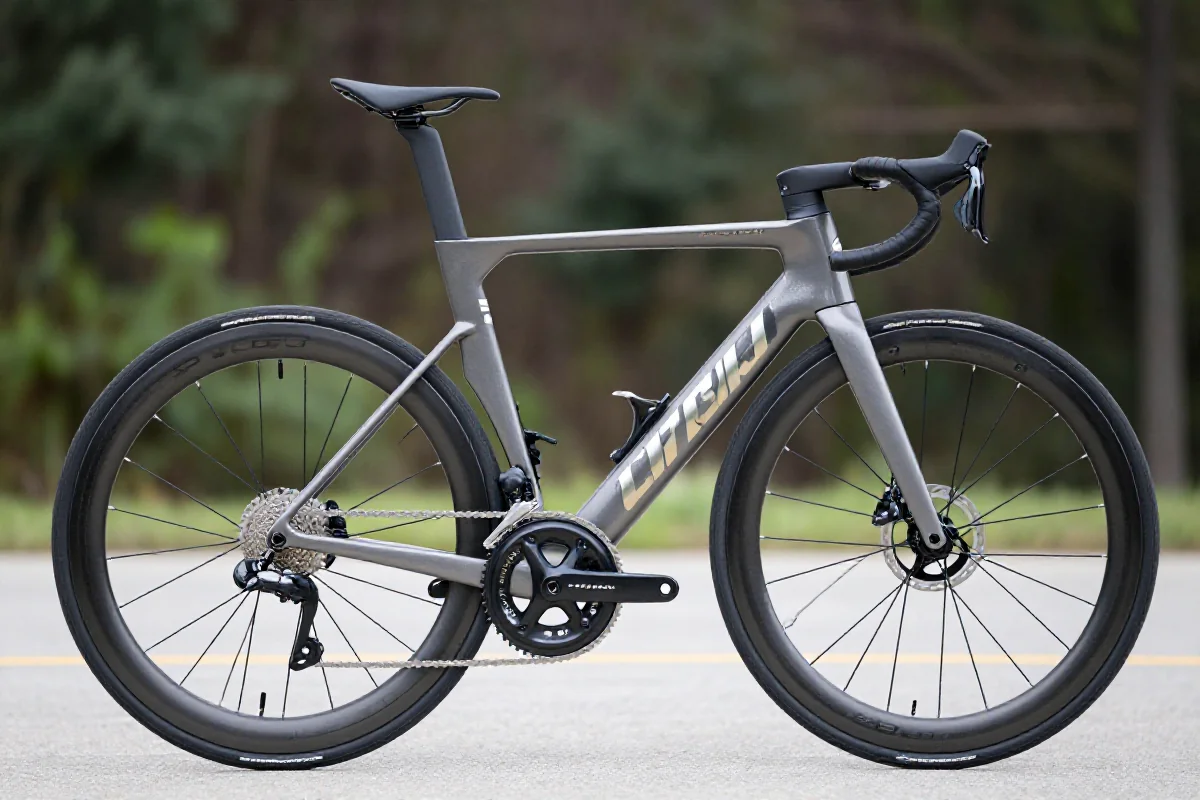 Aerodynamic rower w optymalnej pozycji sprintu, ukazujący szczegóły ramy i komponentów.