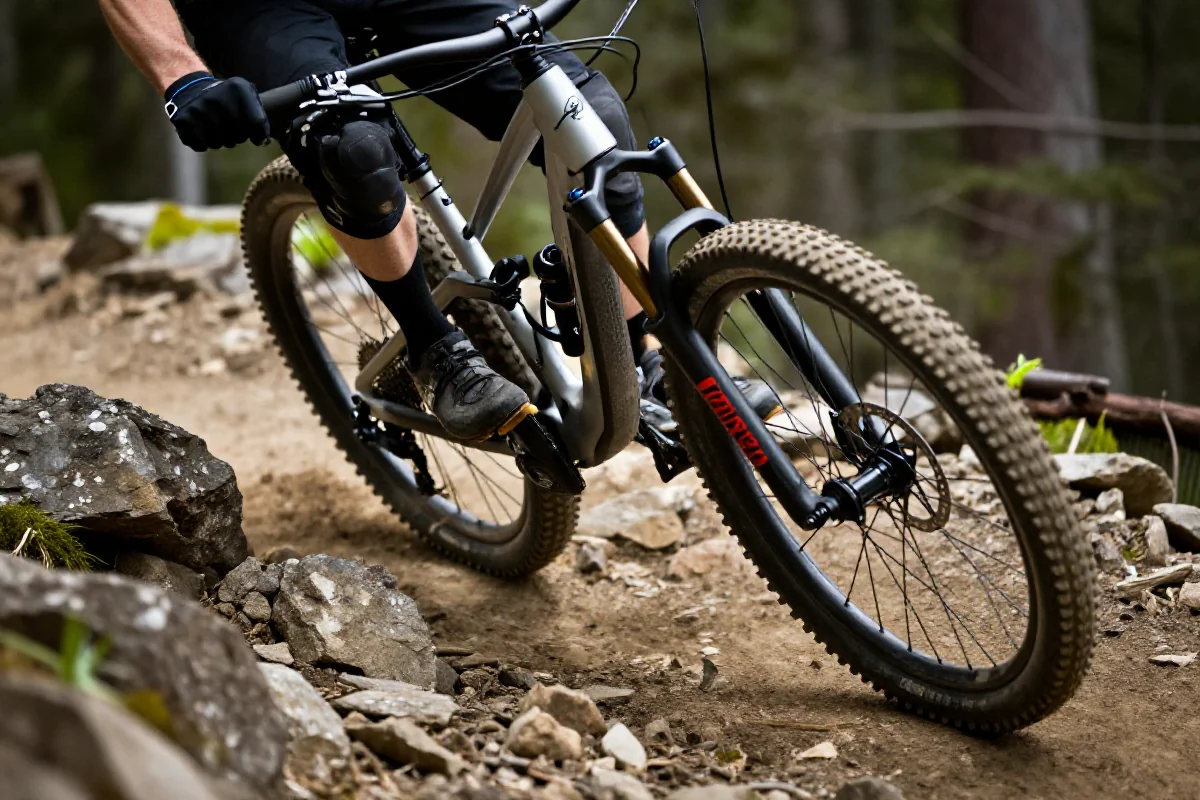 Rower górski pokonujący ciasny zakręt na stromej trasie MTB.