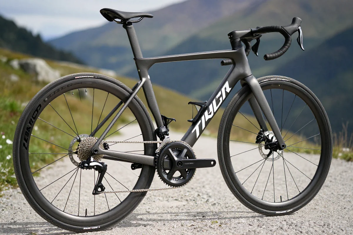 Rower szosowy na górskiej trasie, ukazujący technikę wspinaczki rowerowej.