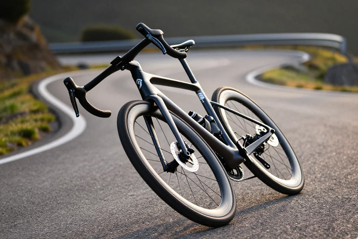 Rower szosowy przechylony w zakręcie na górskiej drodze.