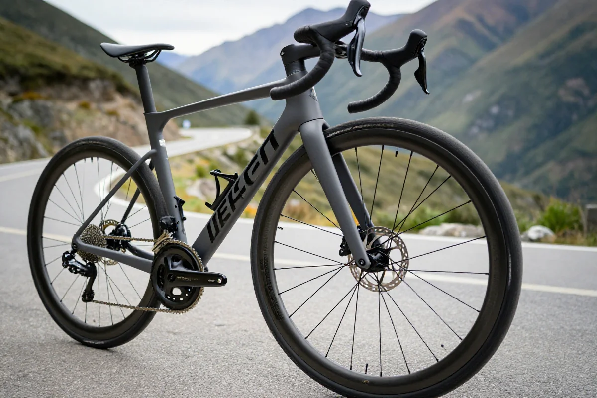Rower szosowy z zaawansowanymi hamulcami na górskim zjeździe