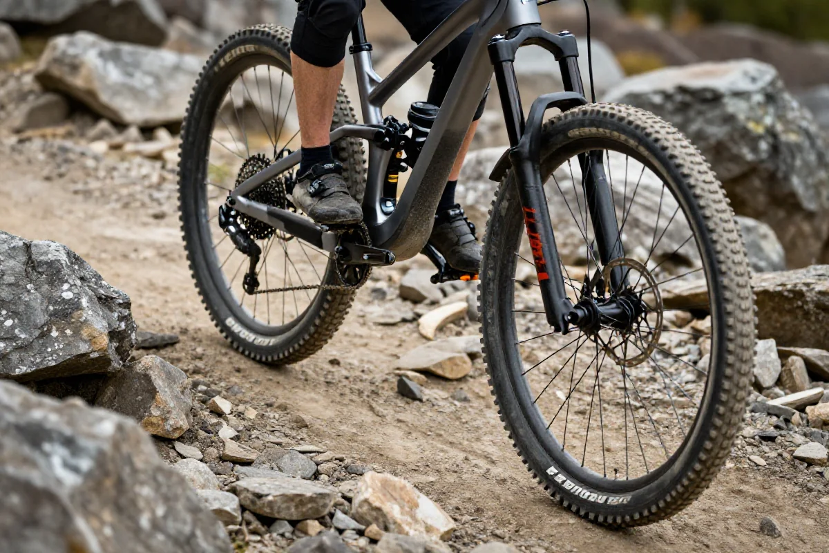 Rower górski na kamienistej trasie, przygotowany do zjazdu po luźnych kamieniach.