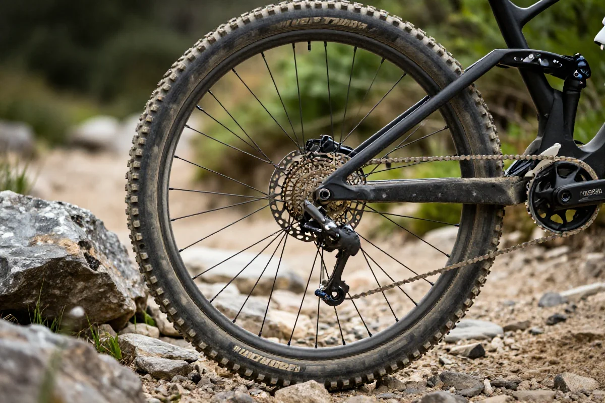 Rower górski w ruchu, detal tylnego koła na szlaku.