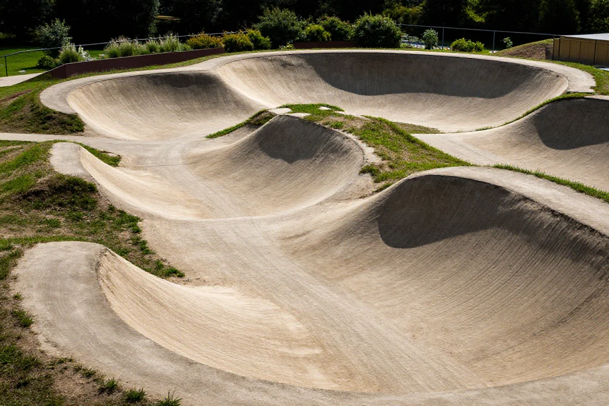 Nowoczesny pump track w bikeparku z profilowanymi muldami i zakrętami.