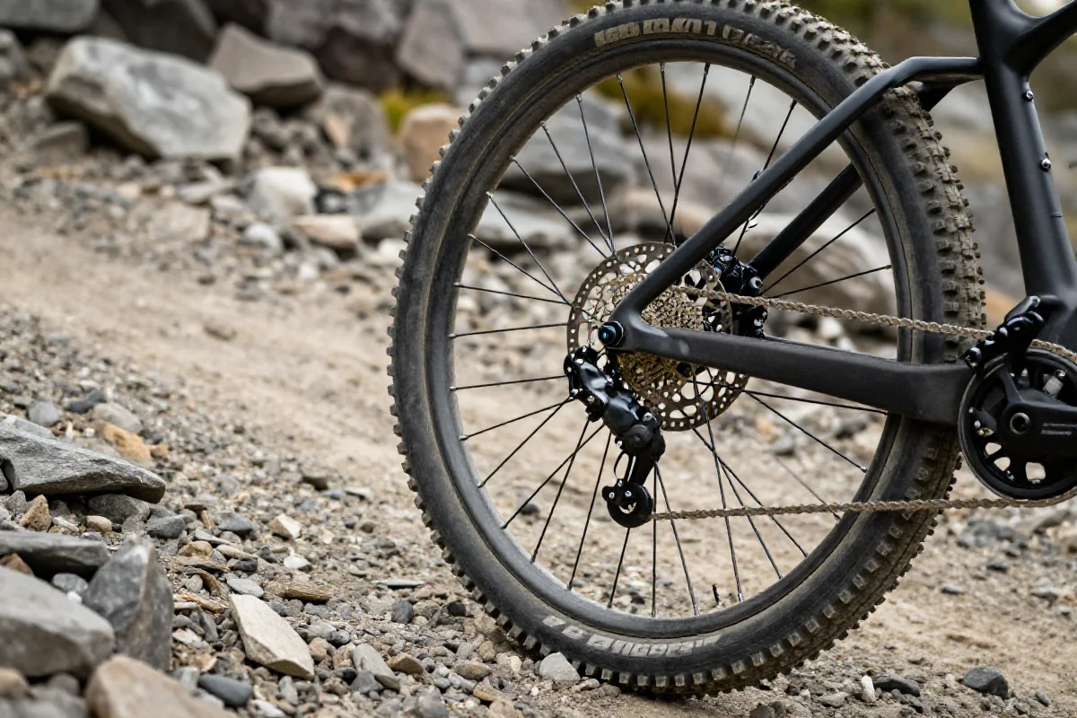 Układ hamulcowy roweru elektrycznego na stromej trasie zjazdowej.