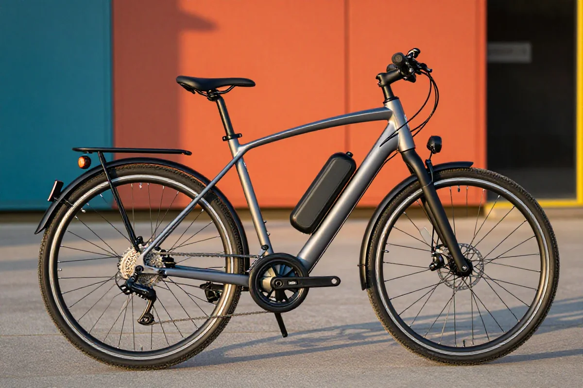 Nowoczesny rower elektryczny w miejskim otoczeniu, z widocznymi detalami technicznymi.