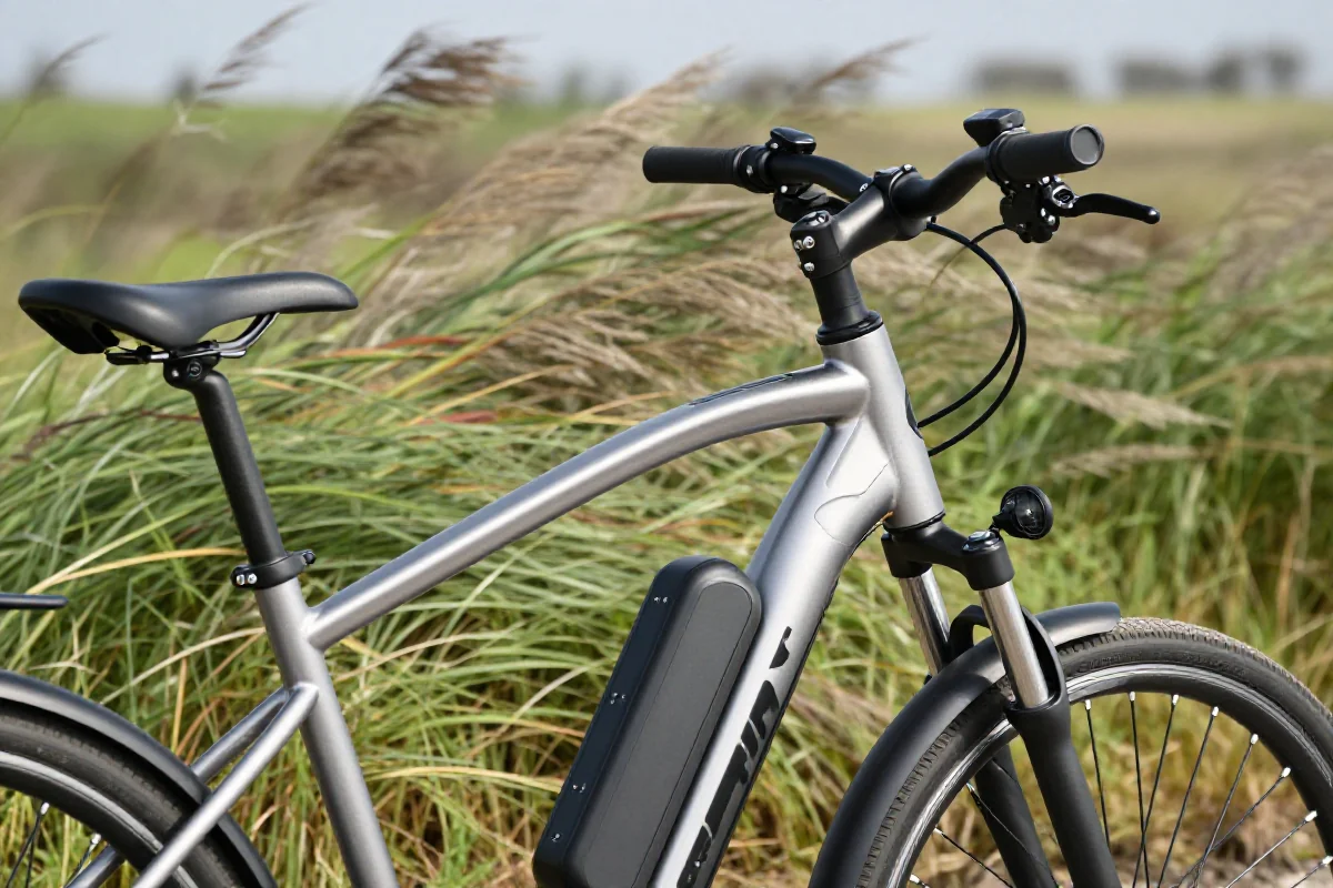 Szczegóły roweru elektrycznego w wietrze, idealnego do jazdy w trudnych warunkach.