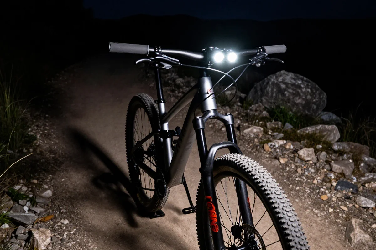 Rower górski z lampami do jazdy nocnej na skalistej trasie.