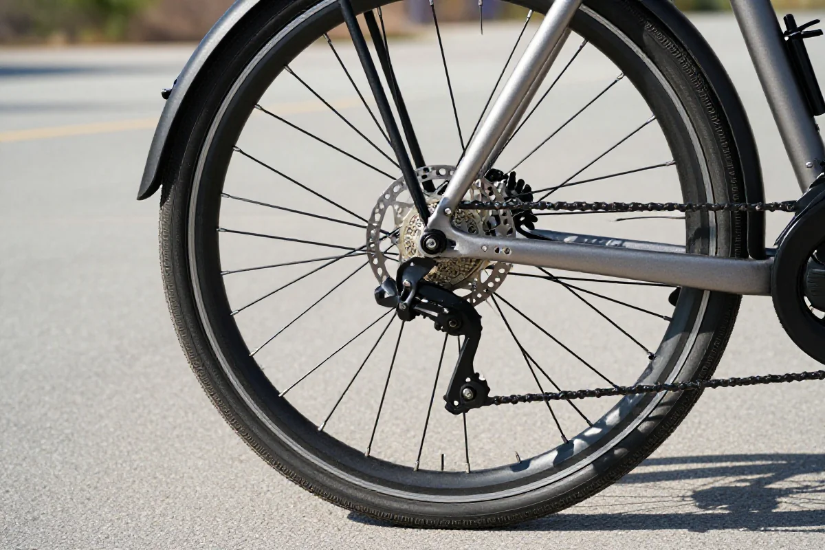 Szczegóły hamulców i koła roweru elektrycznego na asfalcie.