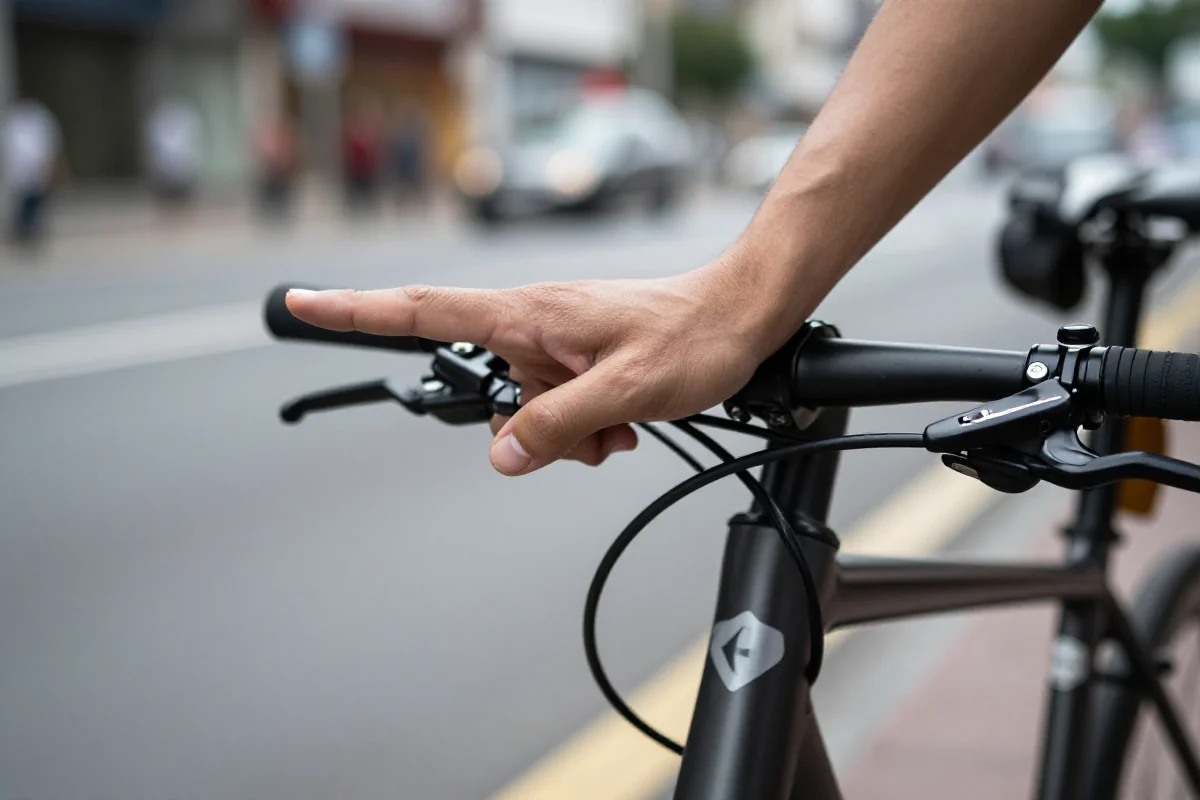 Ręka sygnalizująca skręt w lewo na rowerze w ruchu miejskim.