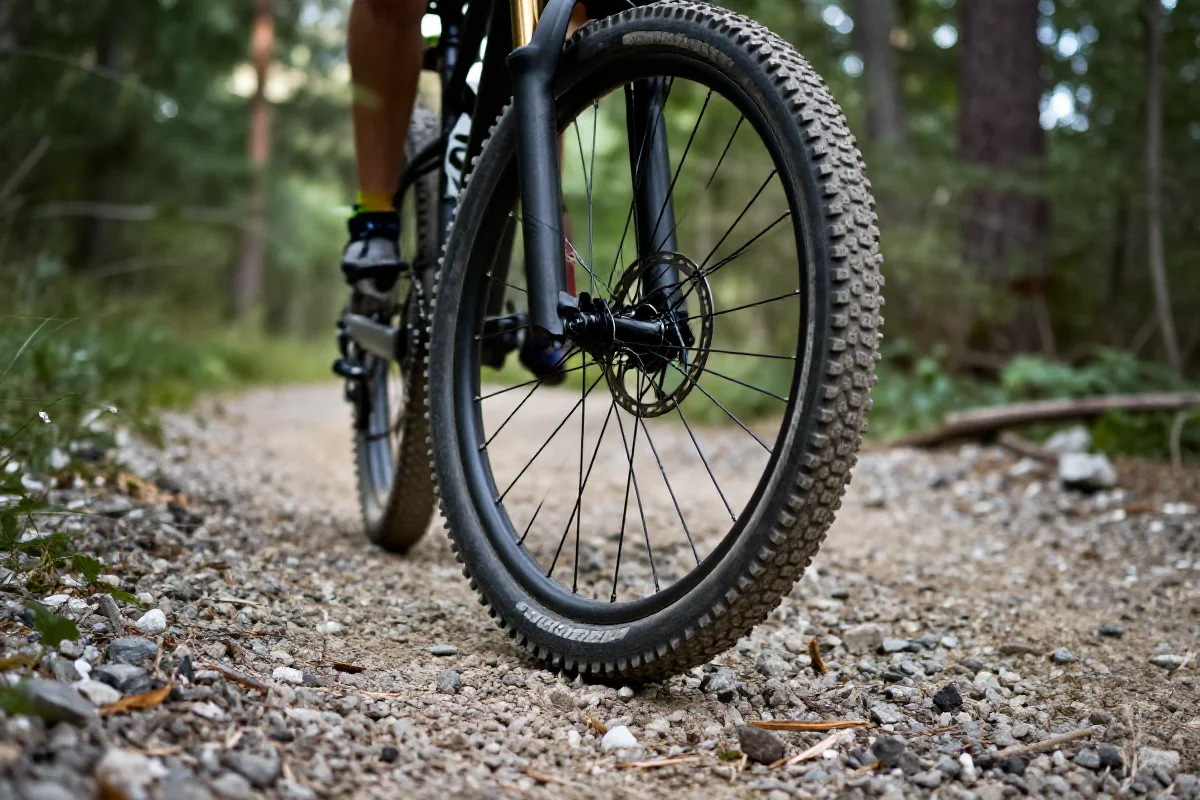 Opona roweru górskiego na luźnym żwirze, ukazująca trudne warunki jazdy.