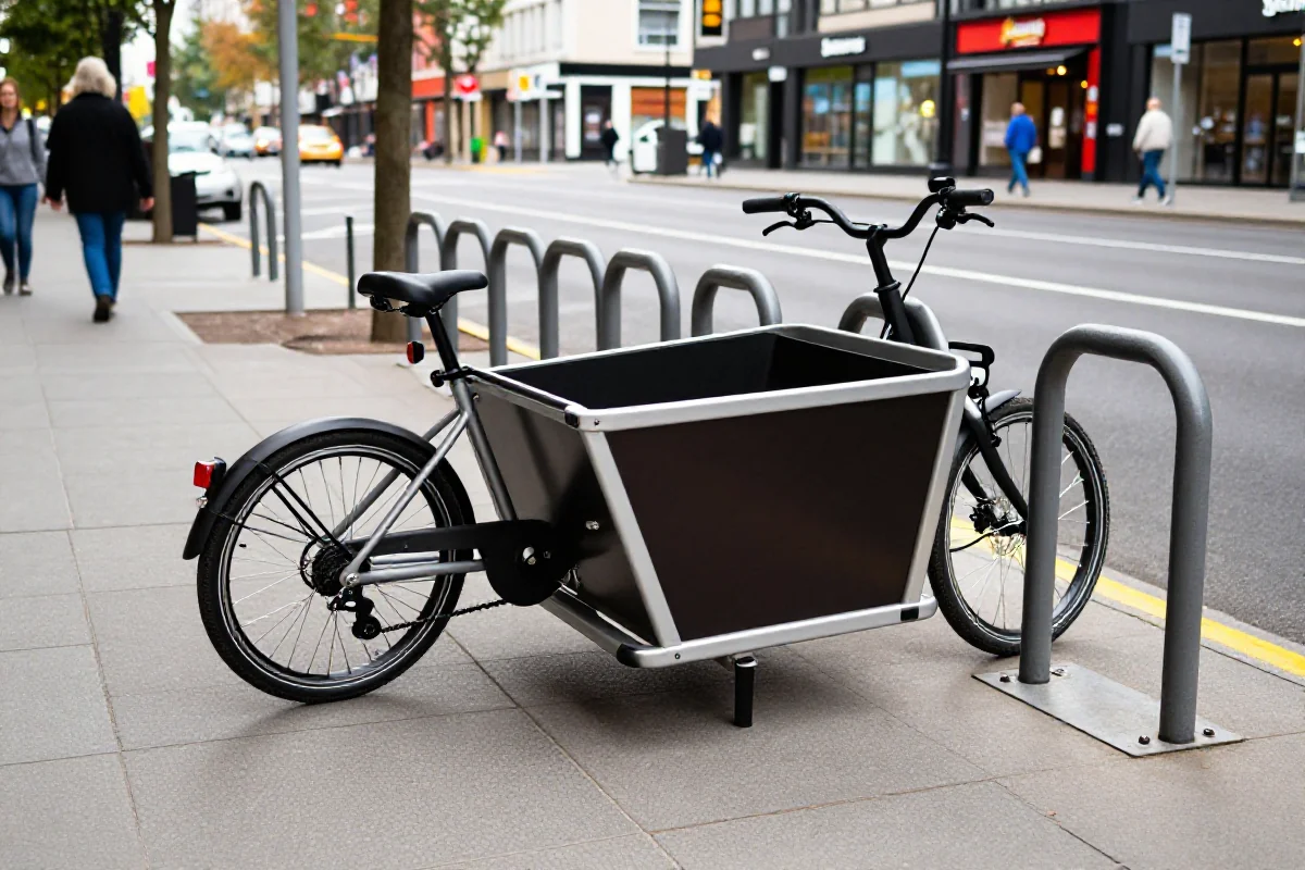 Rower cargo zaparkowany w miejskiej strefie rowerowej, zabezpieczony na stojaku.