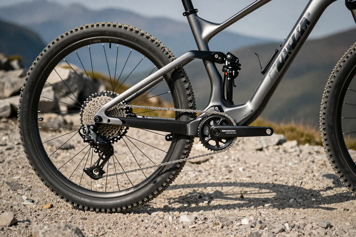 Nowoczesny napęd 1x12 w rowerze górskim na skalistej trasie